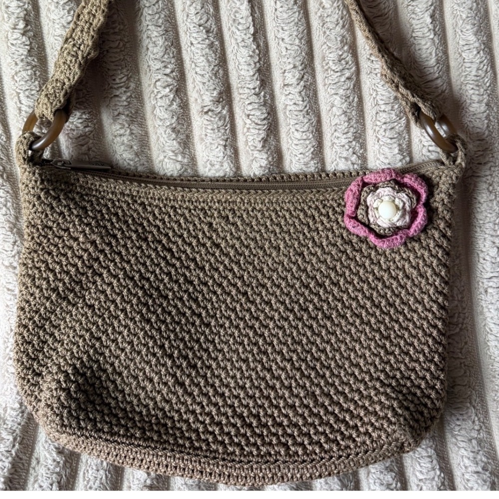 Vintage The Sak Taupe Crochet‎ Shoulder Bag Hobo Purse Y2K Boho